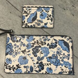 Kate spade Blue and Cream Floral Zip Wristlet with Card Case
